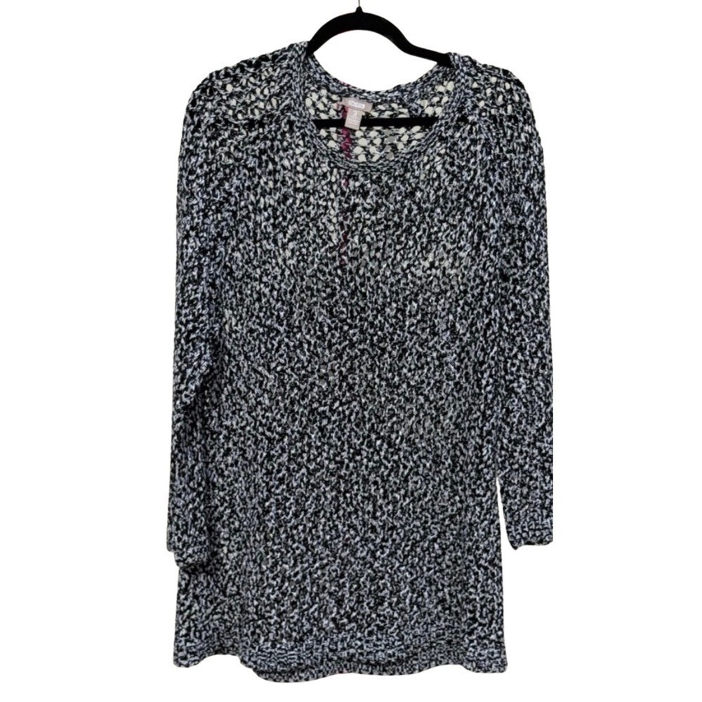 Chico's Black White Open Knit Sweater Tunic Size 3 XL Cotton Blend Long Sleeve